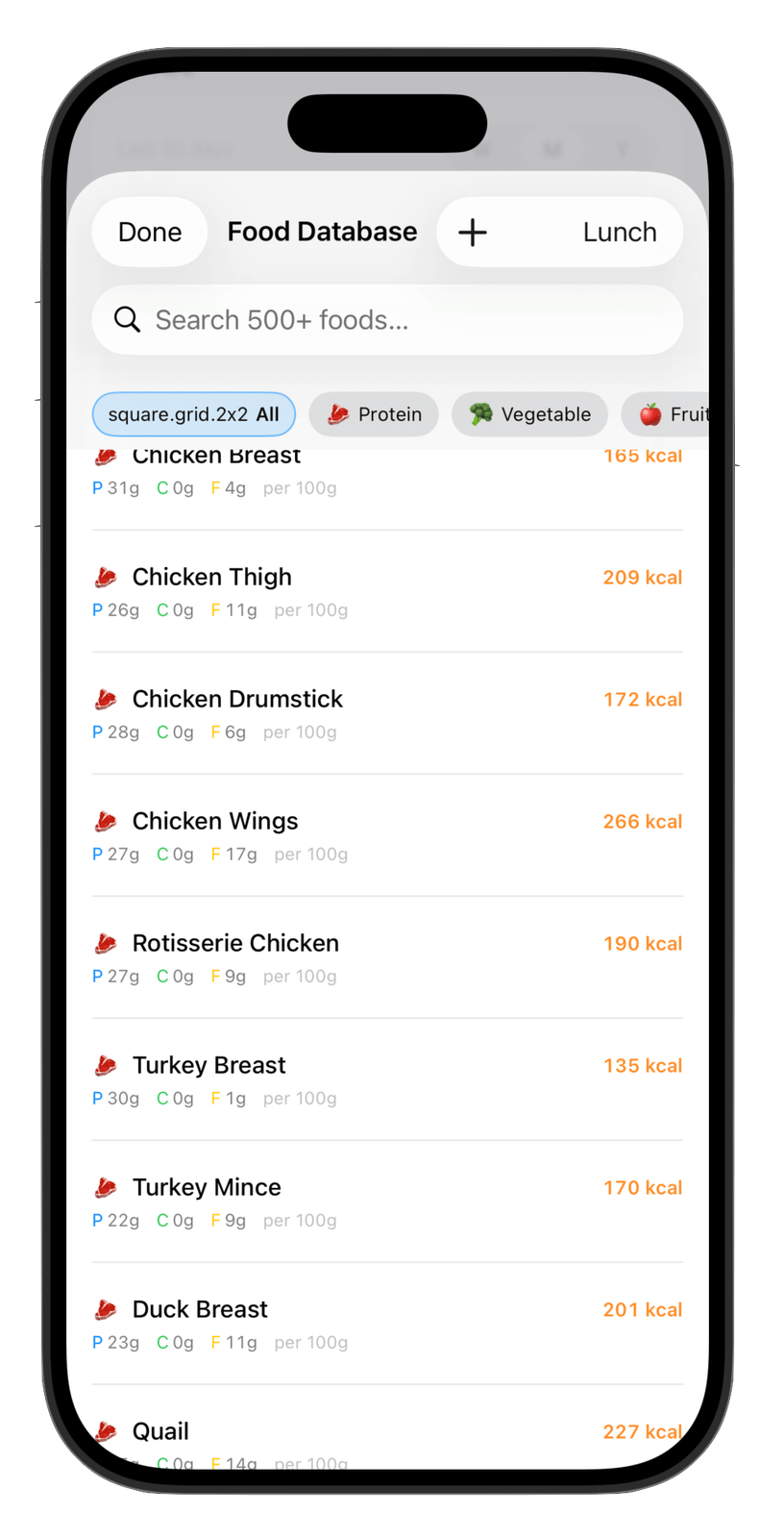 HobbyIt food database screen with searchable foods and macros